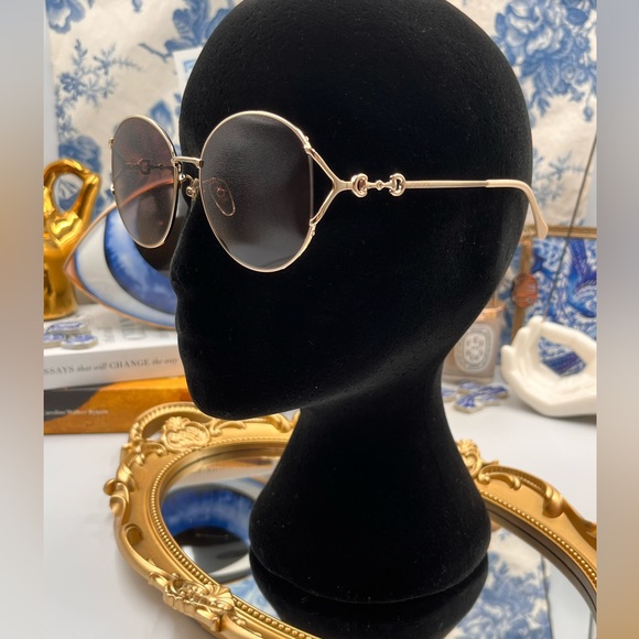 🆕 GUCCI 🧿 NWOT GG1017 Light Gold Metal Rimmed Round Sunglasses Brown Gradient - Picture 11 of 16